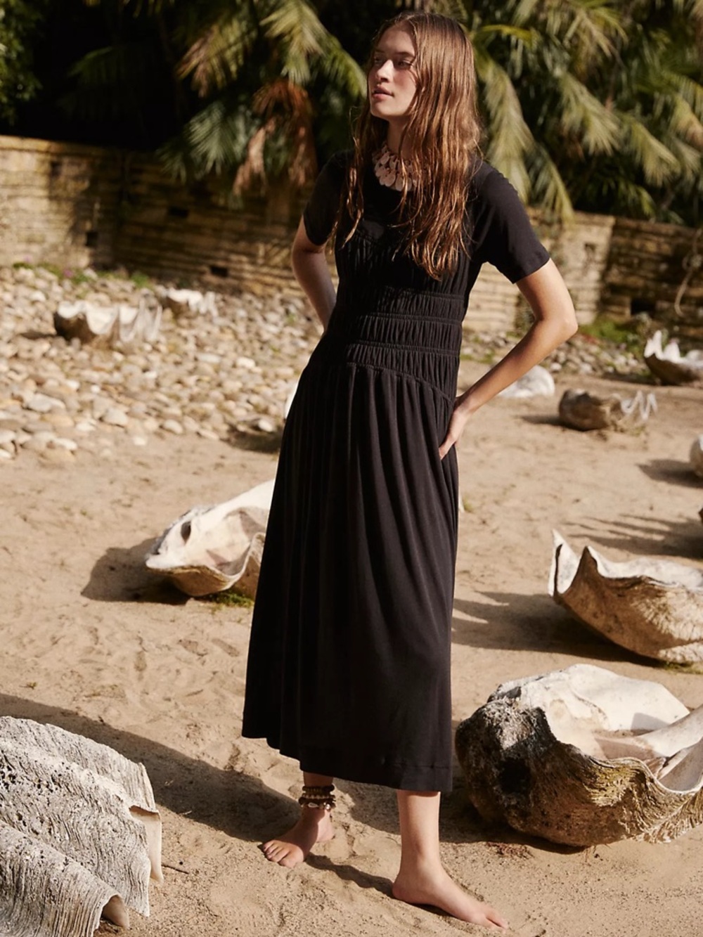 Free People Beach Women's Black Meg Smocked T-Shirt Midi Dress Size Small